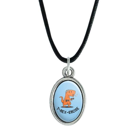 T-Rex-Ercise Exercise Dinosaur Funny Humor Antiqued Oval Charm Pendant with Black Satin Cord