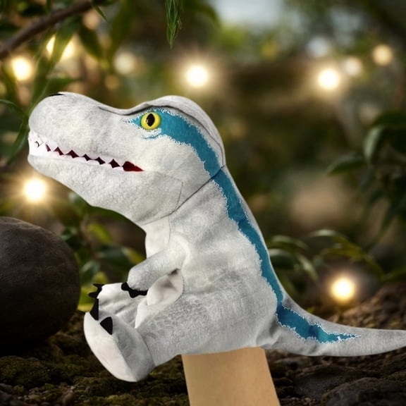 T-Rex Hand Puppet Grey Body Blue Stripe Open Mouth Tyrannosaurus Dinosaur Hand Puppet Soft Plush Interactive Role Play Toy Party Desktop Ornament Holiday Gift Plush(Grey-25cm)