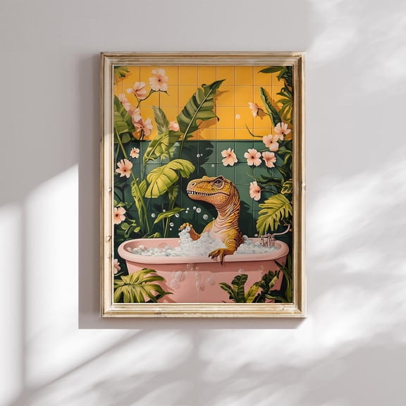 T Rex In Tub Art Print, Fun Dinosaur Bathroom Decor Unframed Paper Print