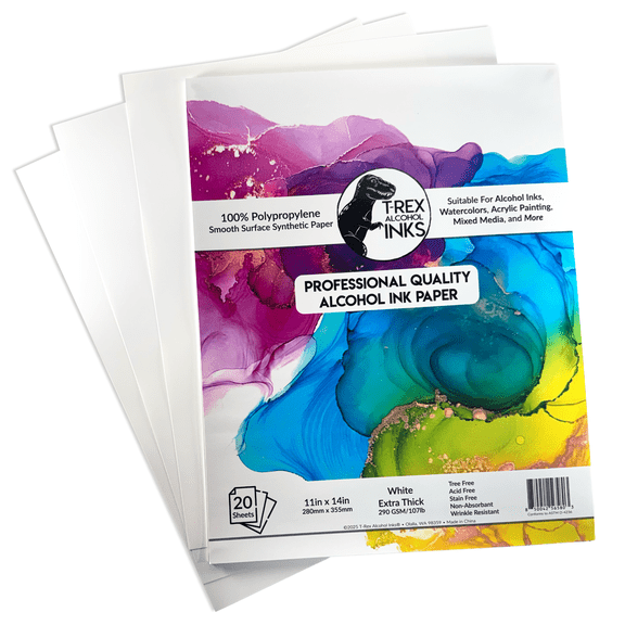 T-Rex Inks Premium Alcohol Ink Paper - 20 Satin-Finish Sheets, Studio-Sized 11x14 inches, Extra Durable & Heavy Synthetic Waterproof Paper for Painting & Mixed Media Art Projects