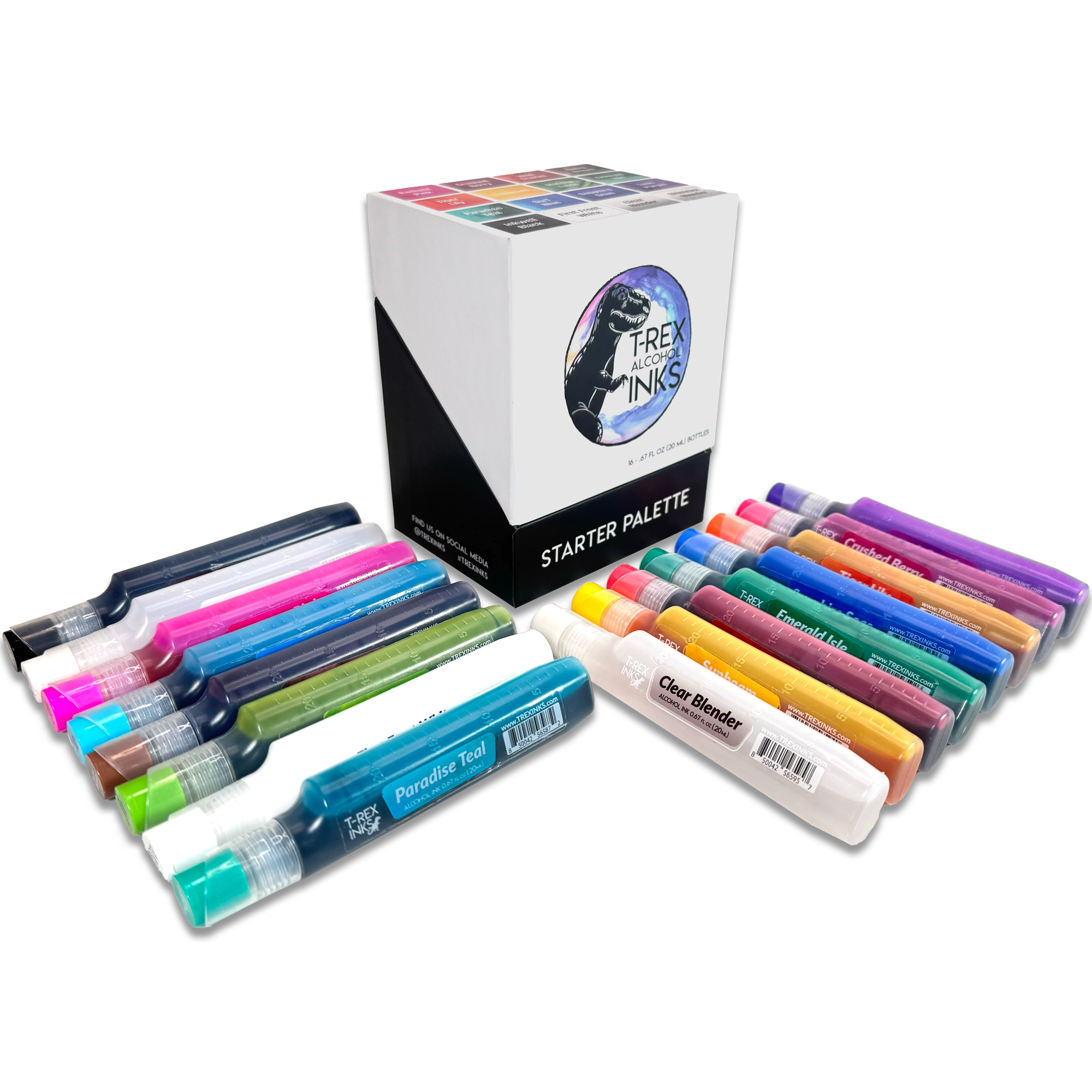 T-Rex Inks Starter Palette Alcohol Ink Set - Vibrant Professional Quality, 16 Colors, Huge 20ml Bottles, Intensely Saturated, High Gloss, for Painting, Tumblers & Epoxy Resin Art