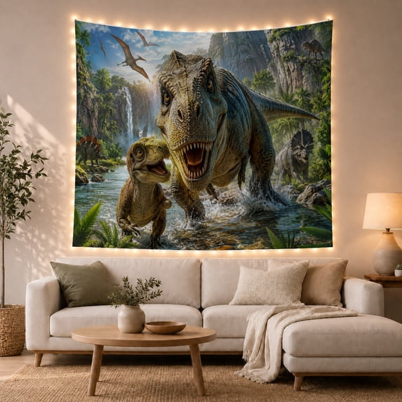 T-Rex in Jungle River Beneath a Waterfall, Dramatic Digital Art for Dinosaur Fans, Prehistoric Decor, Birthday Gift, Tapestry Wall Hanging for Bedroom and Gaming Room