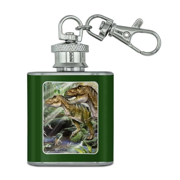 T-Rex Jurassic Double Trouble Stainless Steel 1oz Mini Flask Key Chain