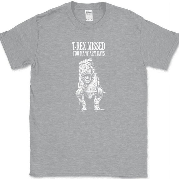 T-Rex Missed Too Many Arm Days T-Shirt Funny Workout Lifting Fitness Gym Tee - Heather Grey, 4XL