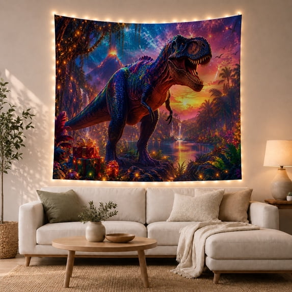 T Rex with Present Boxes by Volcano and Waterfall, Playful Illustration for Dinosaur Lovers, Prehistoric Wall Art, Birthday Gift, Tapestry Wall Hanging for Bedroom and Playroom
