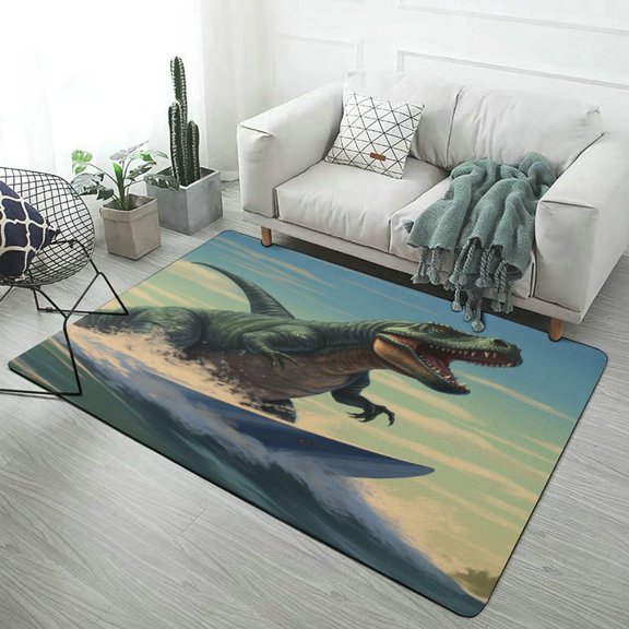 T Rex Rides Ocean Wave Soft Comfy Rug for Home Decor Living Room Bedroom Area Rug Non-slip Doormat