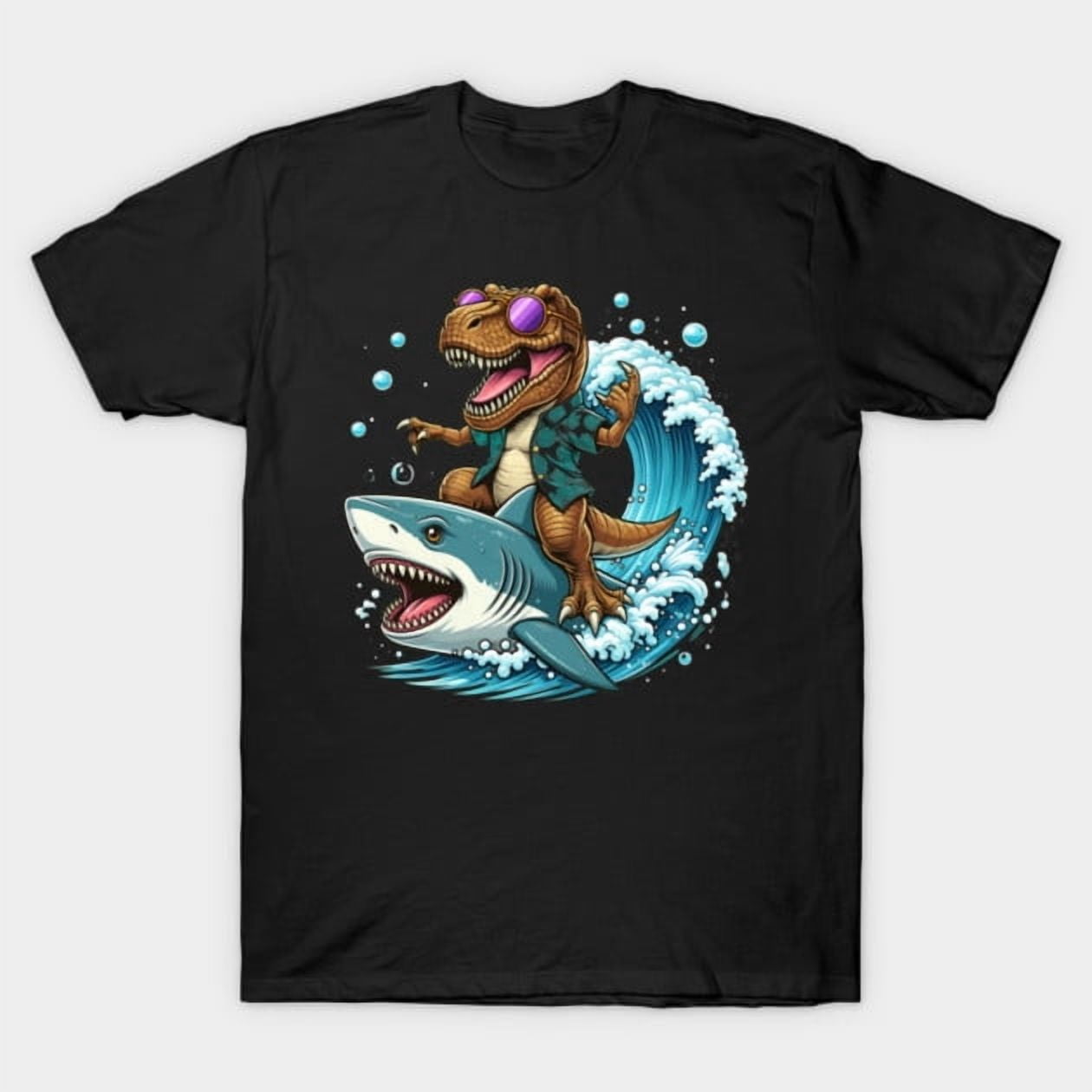 T-Rex Riding Shark Surfing Dinosaur Summer Beach Prehistoric Fun Unisex T-Shirt, up to size 5XL