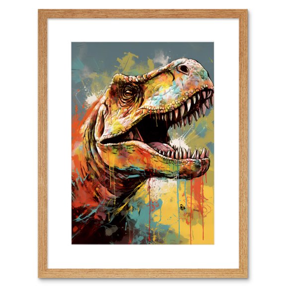 T-Rex Roaring Dinosaur Multicoloured Portrait Artwork Framed Wall Art Print 9X7 Inch