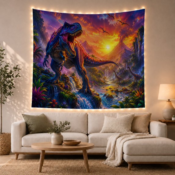 T-Rex Roaring in a Prehistoric Jungle with Volcano, Dramatic Fantasy Art for Kids Room Decor, Birthday Gift, Tapestry Wall Hanging for Bedroom and Living Room