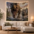 thumbnail image 1 of T-Rex Roaring in a Prehistoric River with Brachiosaurs, Energetic Illustration for Dinosaur Fans, Ancient Wildlife Art Halloween Gift Tapestry Wall Hanging for Bedroom and Living Room, 1 of 7