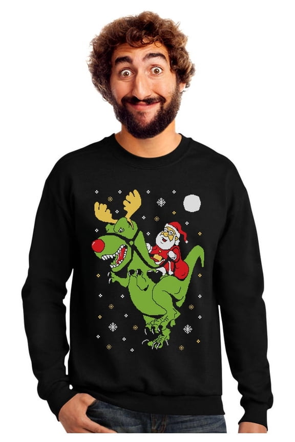 T-Rex Santa Ride Funny Ugly Christmas Sweater Sweatshirt Large Black