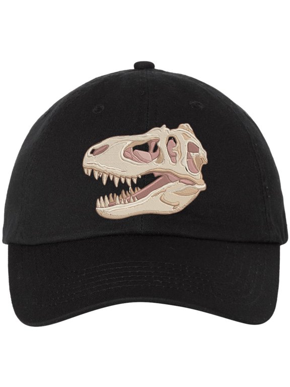 T-Rex Skull Embroidered Baseball Cap Dinosaur Fossil Adjustable Dad Hat (Black)