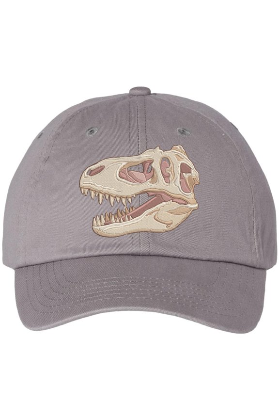 T-Rex Skull Embroidered Baseball Cap Dinosaur Fossil Adjustable Dad Hat (Grey)