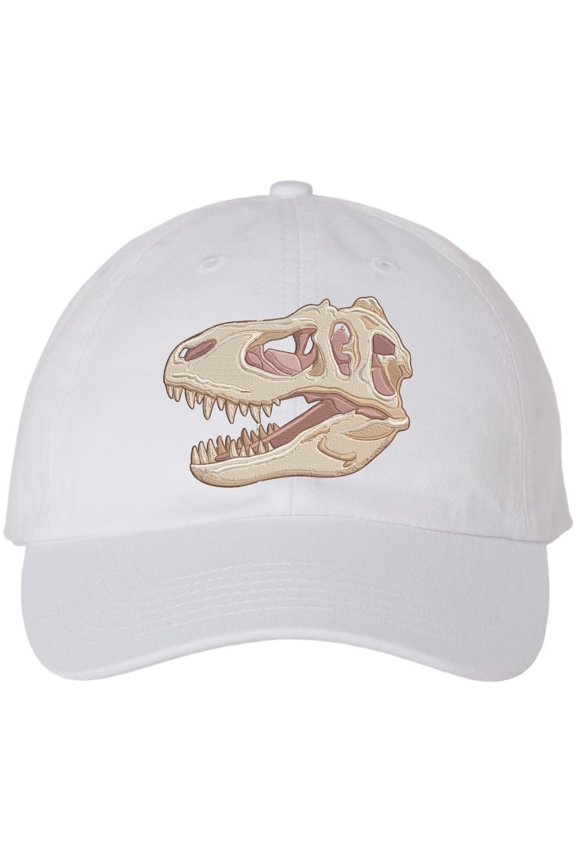 T-Rex Skull Embroidered Baseball Cap Dinosaur Fossil Adjustable Dad Hat (White)