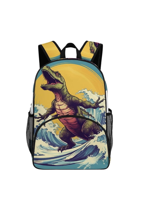 T Rex Surfing Ocean Wave Fun Big Student Laptop Backpack For College Women Middle High Teen Bookbag Travel Daypack