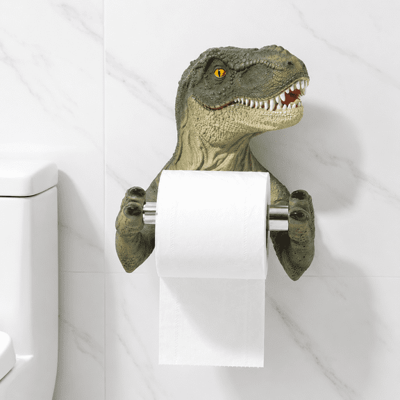 T-Rex Toilet Paper Holder, No-Drill Dinosaur Toilet Tissue Rack, Fun Bathroom Wall Mount, Resin Dinosaur Decor for Kids and Adults, 7.1x5.1x9.1 in