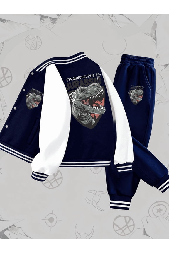 T-Rex Tracksuit Set baseball uniform jacket set funny boys black machine washable Designed with American Sports And Prints vintage cartoon embarrassed vintage 3 to 10 years old