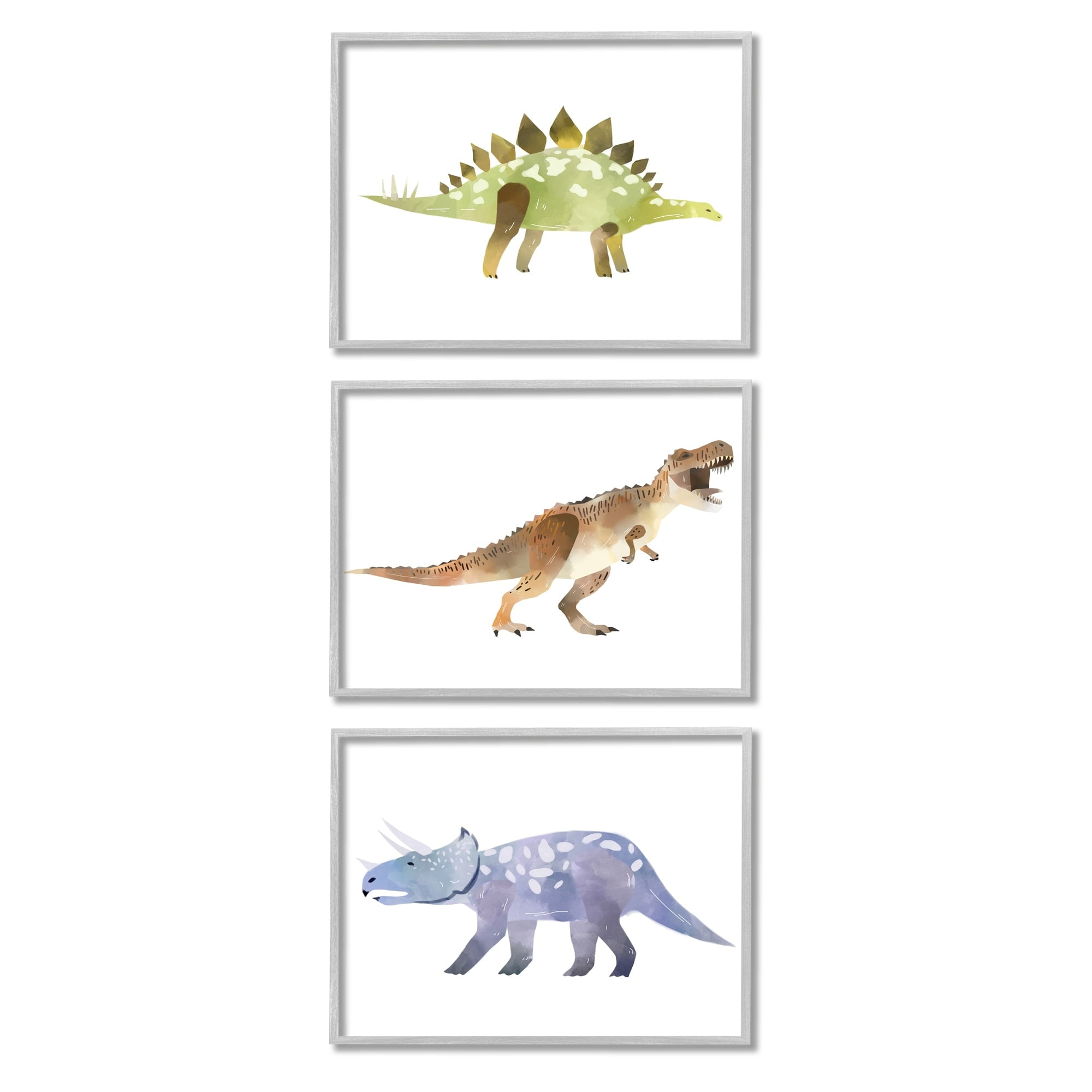 T-Rex Triceratops and Stegosaurus Playful Childrens Dinosaurs 11 in x 14 in Framed Painting Art Prints, by Stupell Home Décor
