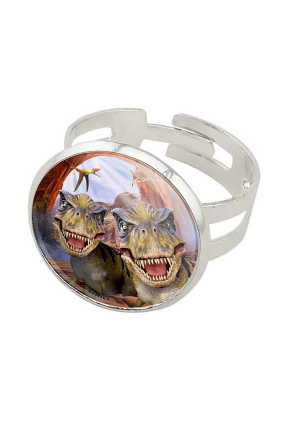 T-Rex Tyrannosaurus Jurassic Selfie Silver Plated Adjustable Novelty Ring