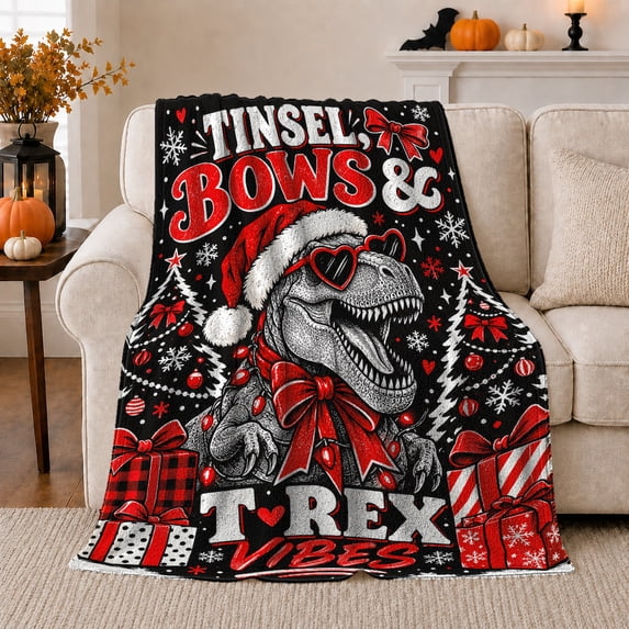 T-Rex Wearing Santa Hat Sunglasses Christmas Dinosaurs Humorous, Festive Holiday Scene, Warm Flannel Blanket for Living Room and Reading Nook, Art Lovers Christmas Gift, Festive Home Decor