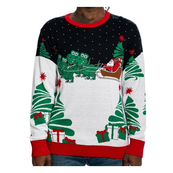 T-Rex on Sleigh Santa Claus Presents Trees Ugly Christmas Sweater Multicolored