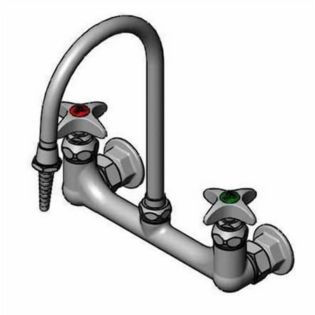 T&S Brass - Lab Mixing Faucet, 8'' Wall Mount, Rigid Gooseneck, Serrated Tip, 4-Arm Handles
