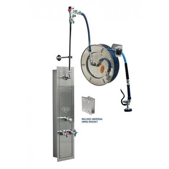 T&S Brass - 35' Stainless Steel Open Hose Reel w/ Stainless Steel Recessed Cabinet with Top Inlets
