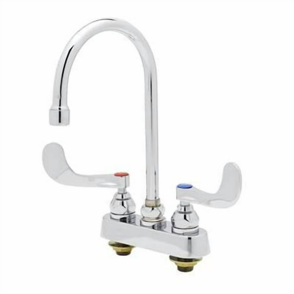 T&S Brass - Workboard Faucet, Deck Mount, 4'' Centers, Swivel Gooseneck, Wrist Action Handles