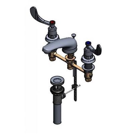 T&S Brass - 8'' c/c Widespread Faucet, 5'' Cast Spout, Slow-Close Cartridges, 4'' Handles, Pop-Up Drain