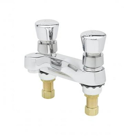 T&S Brass - Metering Faucet, Deck Mount, 4'' Centers, Aerator, Push Button Handles