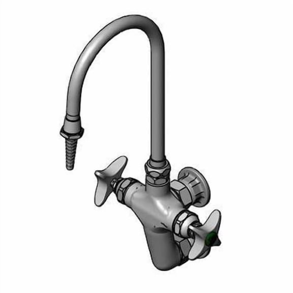 T&S Brass - Lab Vertical Mixing Faucet, Wall Mount, Swivel Gooseneck, Serrated Tip, 4-Arm Handles