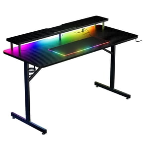 GTRACING Lumina Elite LED Gaming Desk with USB and Power Outlets, for Home and Office, Monitor Stand and Wireless Charging, Black