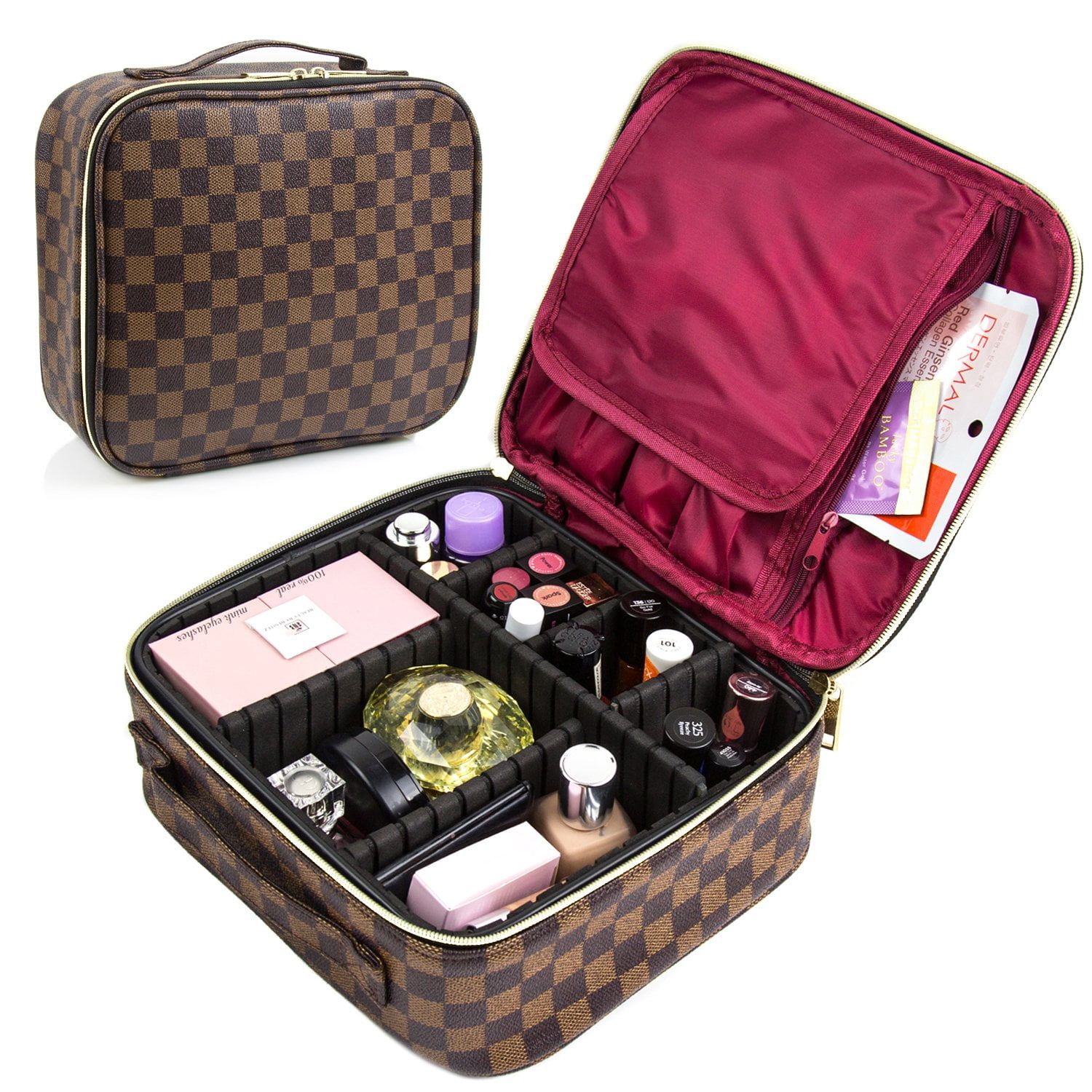 Makeup Bag for Women Checkered Travel Case Leather Cosmetic