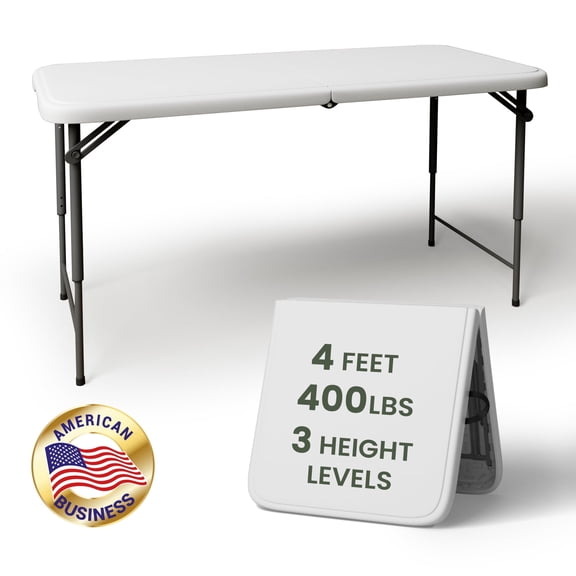 T-SKR 4ft Folding Table, 3-Position Adjustable Height, 400lb Heavy Duty, Portable for Camping, Party, Indoor & Outdoor, 1 Pack