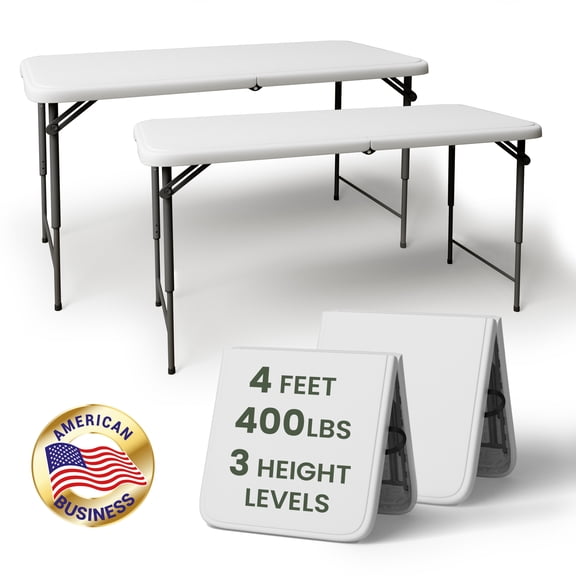 T-SKR 4ft Folding Table, 3-Position Adjustable Height, 400lb Heavy Duty, Portable for Camping, Party, Indoor & Outdoor, 2 Pack