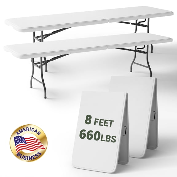 T-SKR 8ft Folding Table, Heavy Duty 660lb Capacity, Sturdy Foldable Design with Safety Lock, Portable for Camping, Party, Indoor & Outdoor Use, 2 Pack