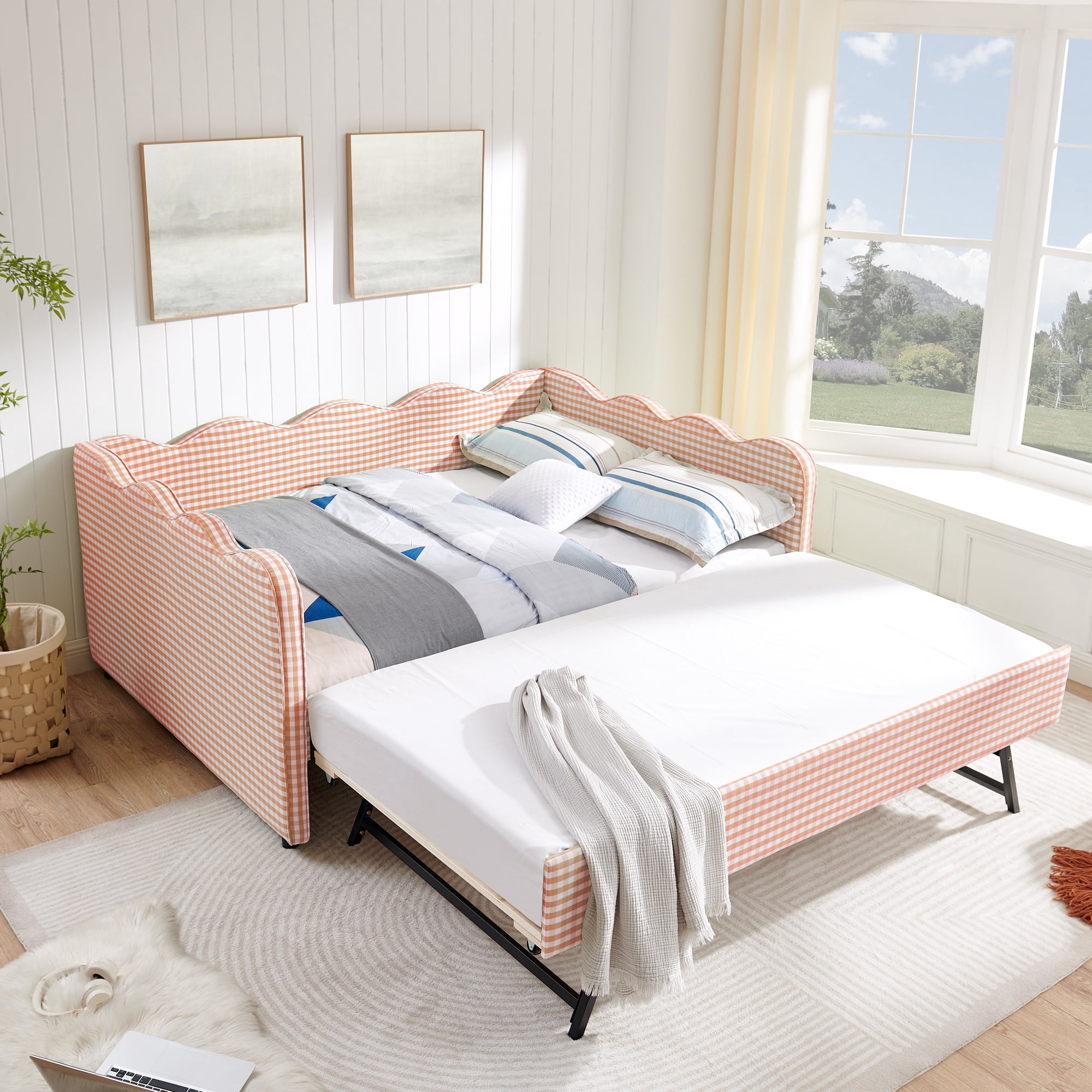T-Serenity Gingham Daybed with Adjustable Trundle & USB Port, Wave-Shaped Full Size Sofa Bed, No Box Spring Needed, Pink