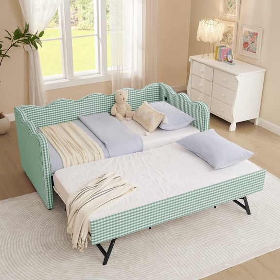 T-Serenity Gingham Daybed with Adjustable Trundle & USB Port, Wave-Shaped Twin Size Sofa Bed, No Box Spring Needed, Cyan