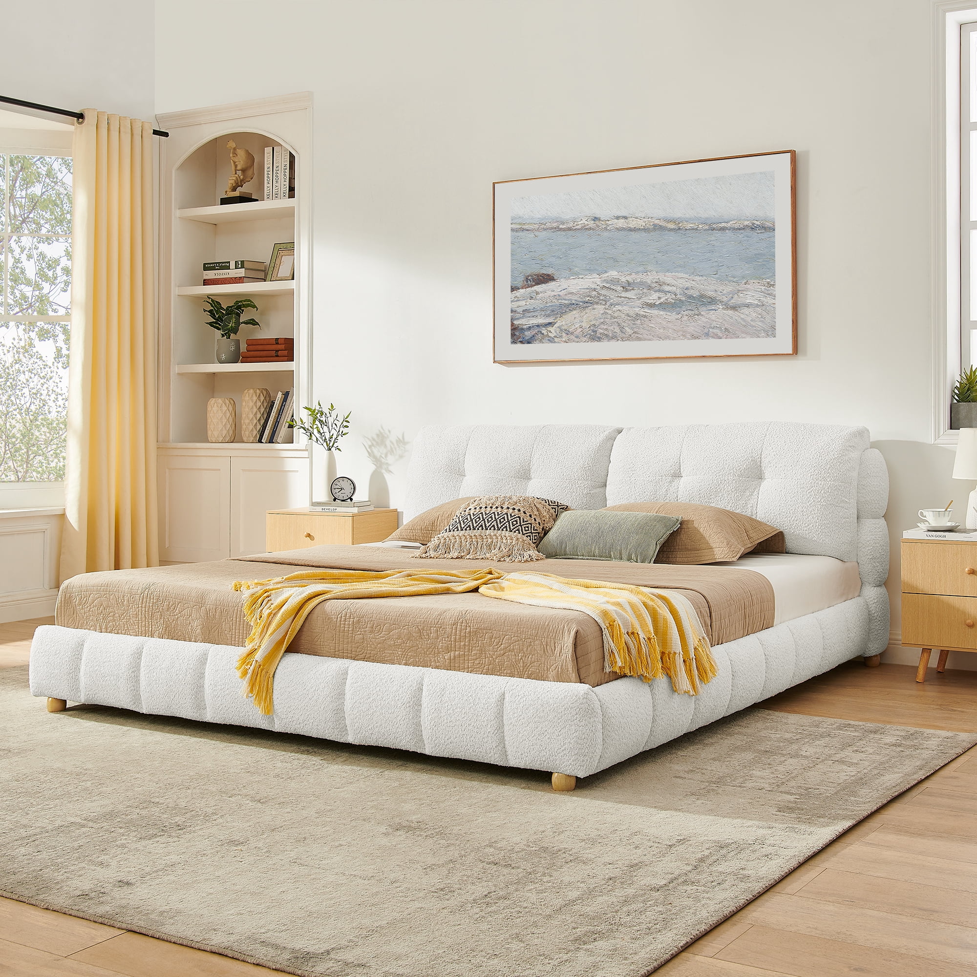 T-Serenity Soft Cloud-Like Boucle Fabric Up-holstered Platform Bed with Solid Wood Legs, No Box Spring Needed, King, Beige