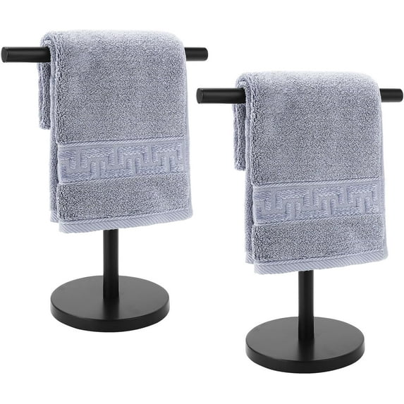 T-Shape Bath Hand Towel Holder Stand, Stainless Steel Free Standing Hand Towel Rack with Heavy Base, for Bathroom Kitchen & Countertop, Matte Black, 2 Pack