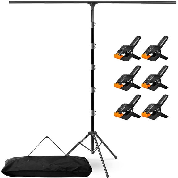8x5.3ft T-Shape Adjustable Photo Backdrop Stand with 6 Spring Clamps, Sandbag and Carry Bag, for Photography, Wedding, Party