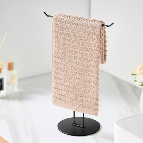 T-Shaped Hand Towel Holder Stand – Countertop Stainless Steel Towel Rack with Non-Slip Base for Bathroom, Kitchen, Vanity, Matte Black