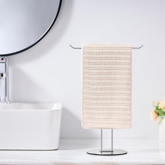 T-Shaped Hand Towel Holder Stand  Countertop Stainless Steel Towel Rack with Non-Slip Base for Bathroom, Kitchen, Vanity, Silver
