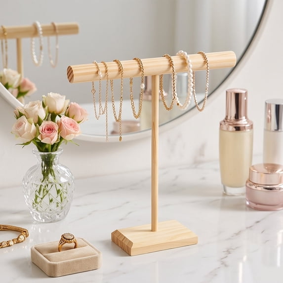 T-Shaped Wooden Jewelry Display Stand, Tiered Bracelet Bangle Necklace Organizer Rack With Hanging Bar, Compact Countertop Accessory Holder For Vanity Boutique Retail Showcase