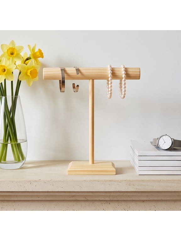 T-Shaped Wooden Jewelry Display Stand, Tiered Bracelet Bangle Necklace Organizer Rack With Hanging Bar, Compact Countertop Accessory Holder For Vanity Boutique Retail Showcase