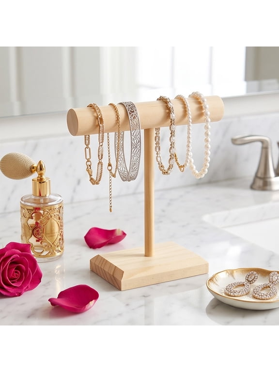 T-Shaped Wooden Jewelry Display Stand, Tiered Bracelet Bangle Necklace Organizer Rack With Hanging Bar, Compact Countertop Accessory Holder For Vanity Boutique Retail Showcase