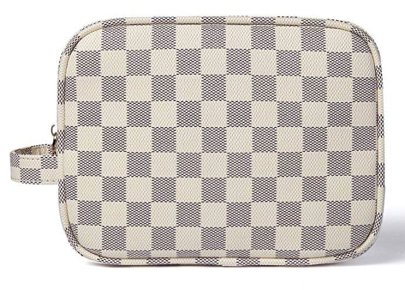 T.Sheep Checkered Make Up Bag, PU Vegan Leather Checker Cosmetic Toiletry Travel BagBeige