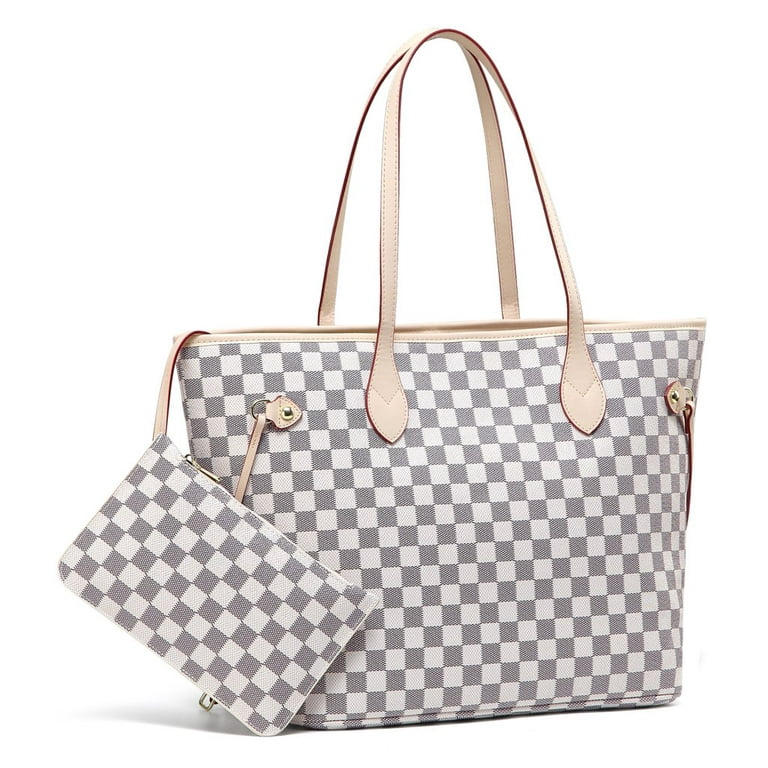 T.Sheep Checkered Tote Shoulder Bags With Inner Pouch,PU Vegan Leather  Luxury Woman Handbags, Brown 