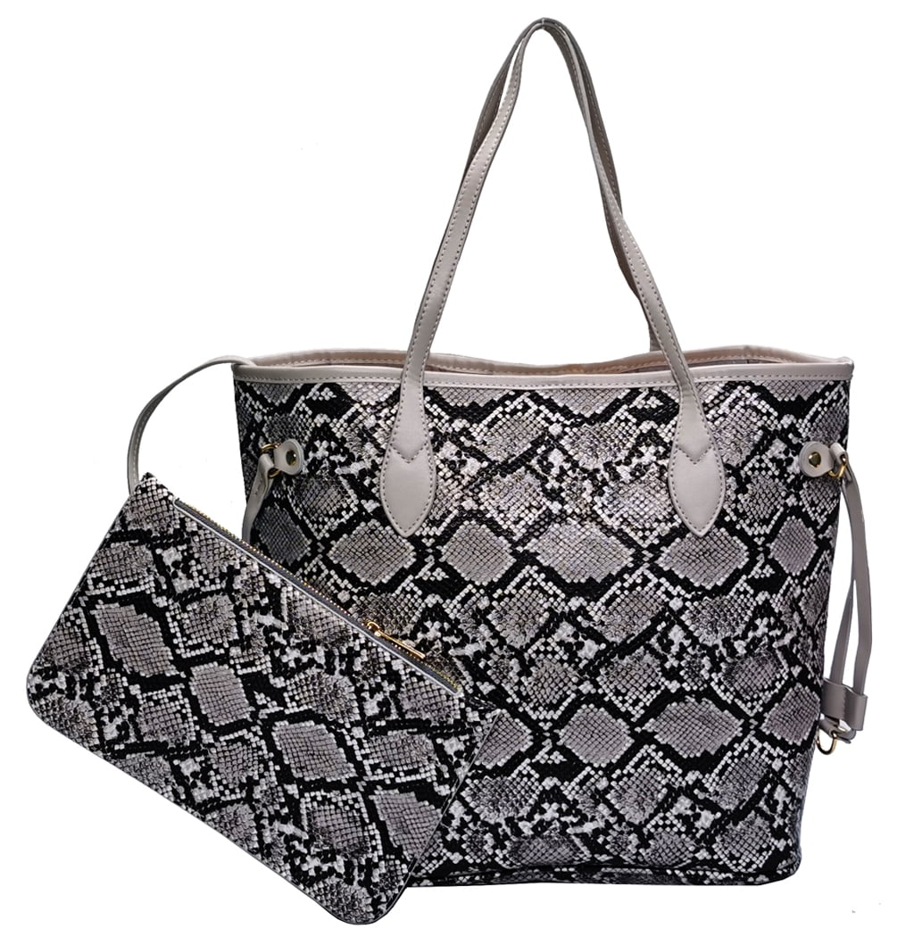 T.Sheep Luxury Snakeskin Tote Shoulder Bags With Inner Pouch PU Vegan Leather Woman Handbags Classic Gray