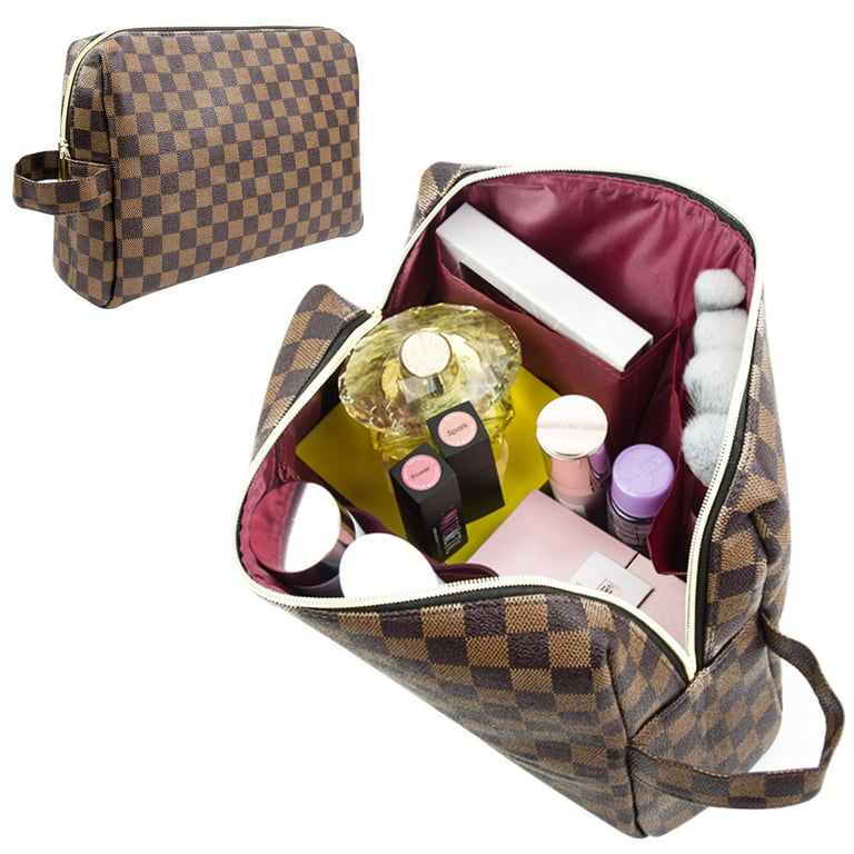 T.Sheep Makeup Bag Checkered Cosmetic Bag Large Travel Toiletry Organizer  For Women,Cosmetics,Makeup Tools,Brown 